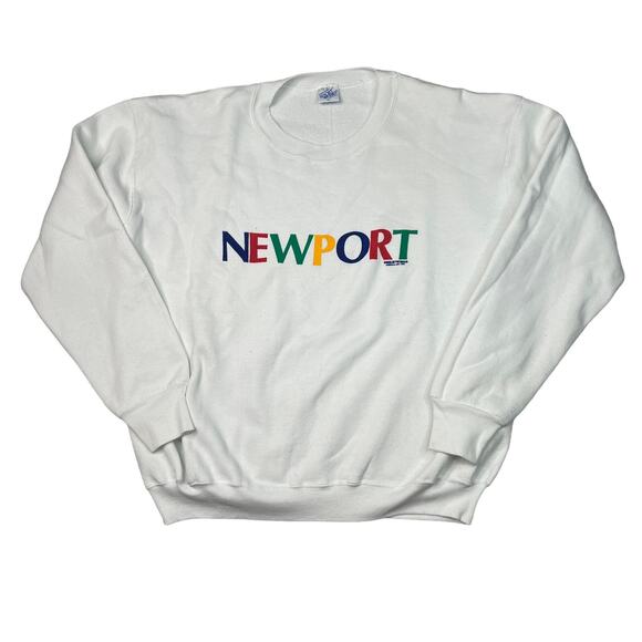 Vintage 80s Newport Rainbow Spellout Logo Crewneck Sweatshirt White Adult XL - Picture 1 of 6